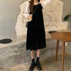 Puff-sleeve Two Tone Midi Dress Black - One Size