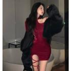Faux-fur Jacket / Long-sleeve Velvet Slim-fit Dress