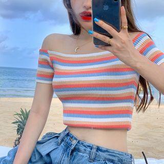 Striped Off-shoulder Short-sleeve Knit Cropped Top
