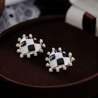 Checker Print Heart Stud Earring 1 Pair - Black & White - One Size