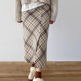 Slit-front Plaid Maxi Skirt Ivory - One Size