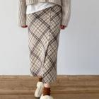 Slit-front Plaid Maxi Skirt Ivory - One Size