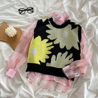 Print Mesh Shirt / Color Block Sweater Vest