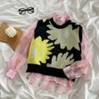 Print Mesh Shirt / Color Block Sweater Vest