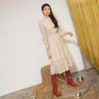 Mock-neck Laced A-line Dress Beige - One Size
