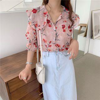 Elbow Sleeve Floral Printed Chiffon Blouse