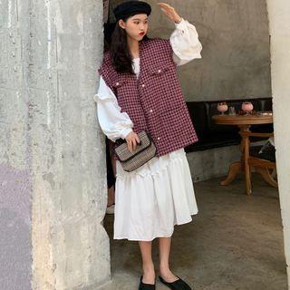 Balloon-sleeve Midi A-line Dress / Single-breasted Plaid Vest