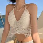 Halter-neck Crochet Lace Cropped Top White - One Size