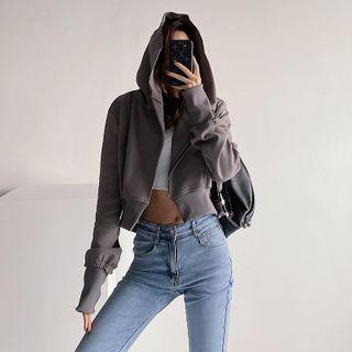 Diagonal-zipper Hooded Crop Jacket