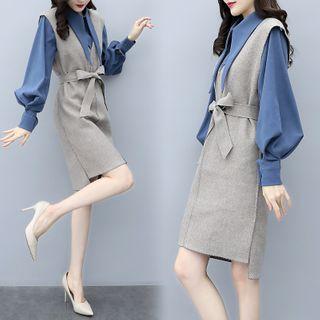 Set: Lantern-sleeve Blouse + Bow Accent Pinafore Dress