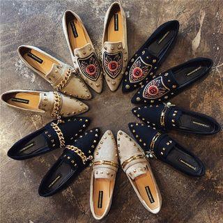 Studded Embroidered Pointed Faux Suede Loafers