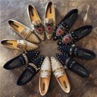 Studded Embroidered Pointed Faux Suede Loafers