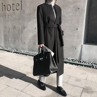 Collarless Open Long Coat With Sash