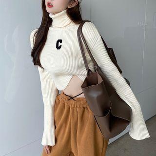 Letter-embroidered Turtleneck Crop Sweater / High Waist Drawstring Sweatpants