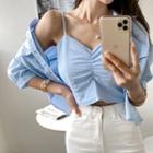Set: Puff-sleeve Shirt + Shirred Front Cropped Camisole Top