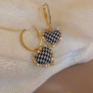 Heart Houndstooth Rhinestone Alloy Dangle Earring 1 Pair - Silver Needle - Houndstooth - Black & White - One Size