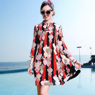 3/4-sleeve Printed Silk A-line Dress