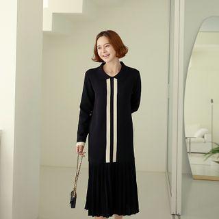 Collared Pleated Long Knit Dress