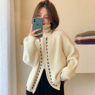 High-neck Long-sleeve Zip Knit Cardigan