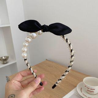 Bow Faux Pearl Headband Black & Off-white - One Size