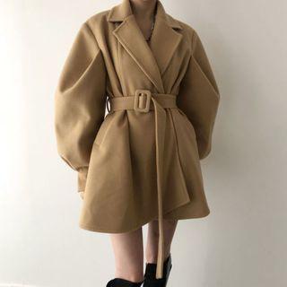 Plain Lace-up Woolen Coat