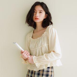 Puff-sleeve Square-neck Top Almond - One Size
