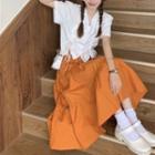 Short-sleeve Drawstring Cropped Blouse / Midi A-line Skirt