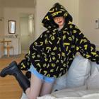 Logo-pattern Oversized Fleece Hoodie Black - One Size