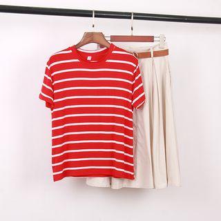 Set: Striped Short Sleeve T-shirt + Plain Midi Skirt