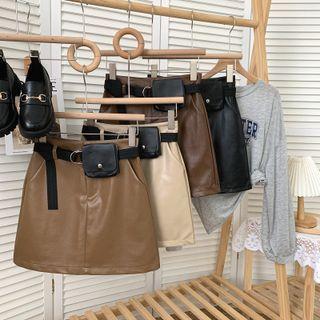 Faux-leather High-waist Mini Skirt With Belt & Mini Pouch