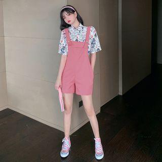 Floral Print Elbow-sleeve Shirt / Plain Jumper Shorts