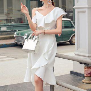 Asymmetrical Cold-shoulder Ruffle Trim Midi A-line Dress