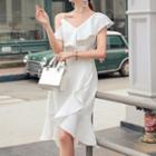 Asymmetrical Cold-shoulder Ruffle Trim Midi A-line Dress
