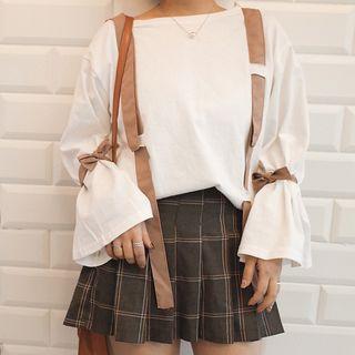 Ribbon Detail Fluted Long-sleeve T-shirt