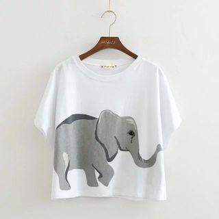 Short-sleeve Elephant Printed T-shirt White - One Size