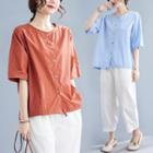 Elbow-sleeve Button-up Top / Wide-leg Pants / Set
