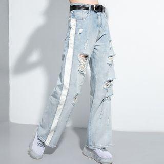 Contrast Trim Distressed Wide-leg Jeans