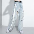 Contrast Trim Distressed Wide-leg Jeans