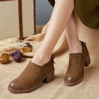 Scalloped Edge Genuine Leather Block Heel Ankle Boots