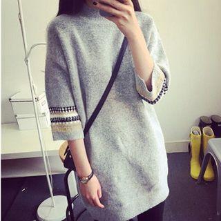 3/4-sleeve Patterned Long Knit Top