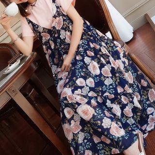 Set: Short-sleeve T-shirt + Spaghetti Strap Floral Print Midi A-line Dress