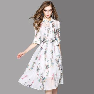 Tie-waist Floral Silk Midi Dress
