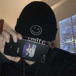 Smiley Face Embroidered Beanie Black - One Size