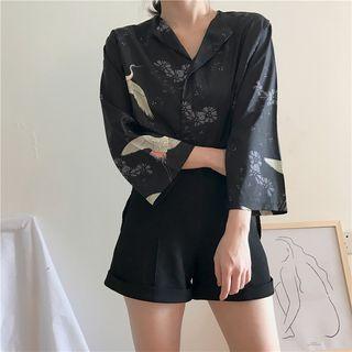 Crane Print 3/4 Sleeve Chiffon Shirt
