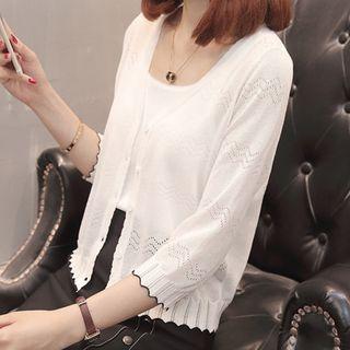 3/4-sleeve V-neck Pointelle Knit Cardigan