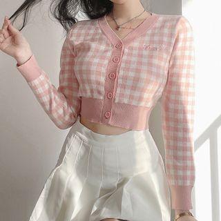 Letter Embroidered Gingham Cropped Cardigan