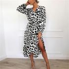 Leopard Long-sleeve Side-slit Midi A-line Dress