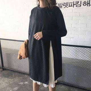 Set : Long-sleeve Sweatshirt + Pleated Midi Skirt