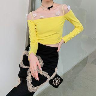 Floral Mesh Panel Long-sleeve T-shirt