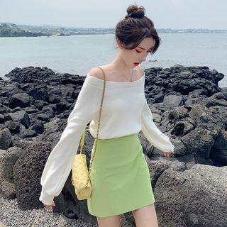 Off-shoulder Long-sleeve Knit Top / High-waist Mini Straight-fit Skirt